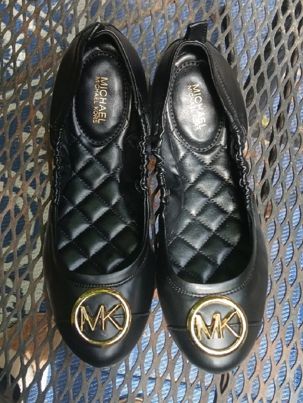Michael Kors‎ Black,vegan Leather Ballet Flats with Gold MK Medallions,sz7.5